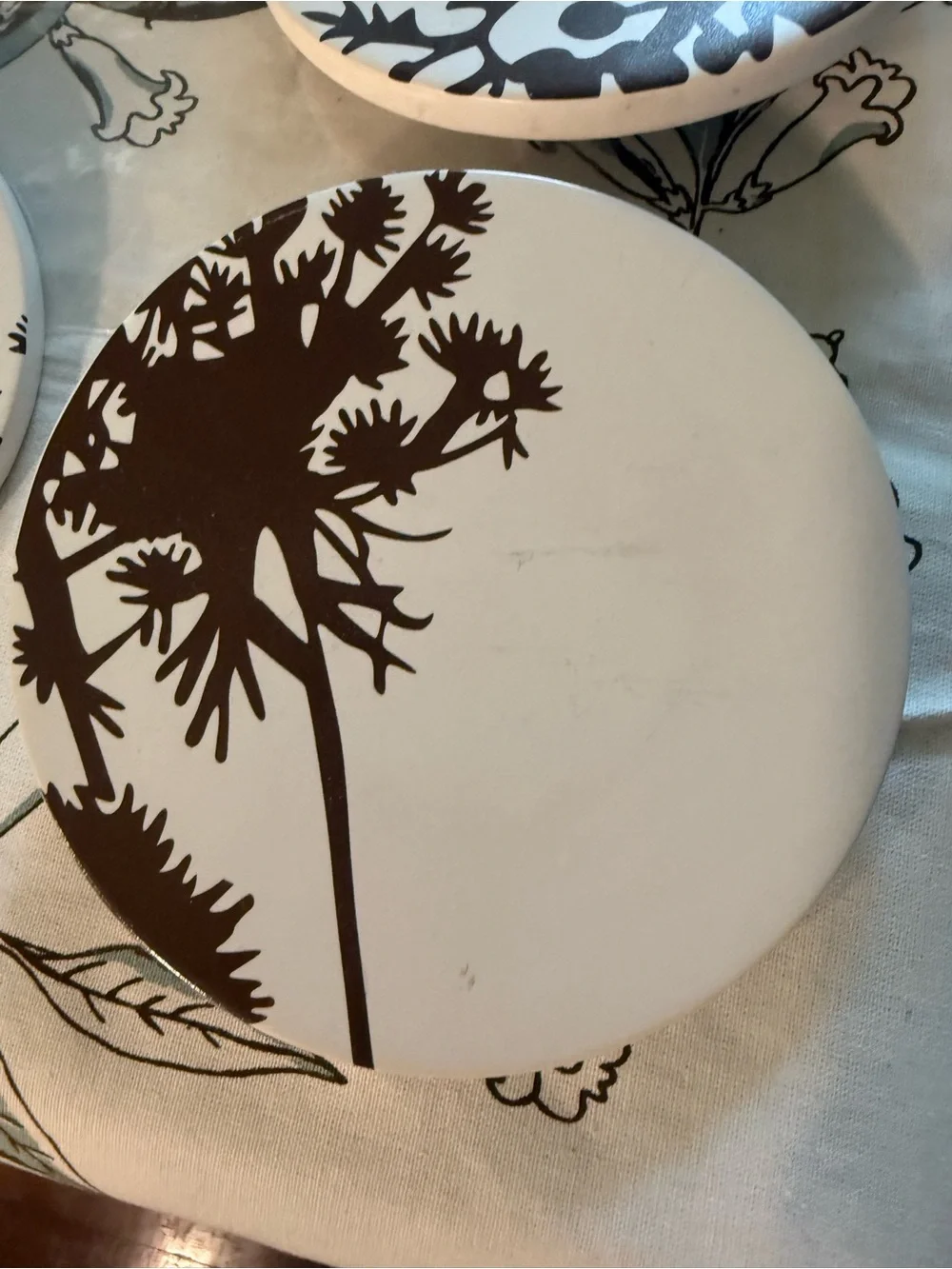 West End Round Botanical Wall Coasters White w/ Dark Brown Silhouettes -set of 5